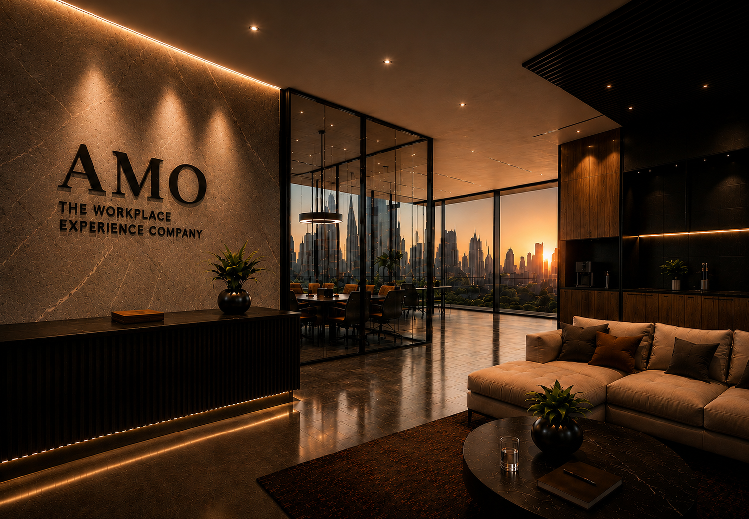 AMO — The Workplace Experience Company. A warm-lit lobby with amber uplighting overlooking a sunset cityscape.